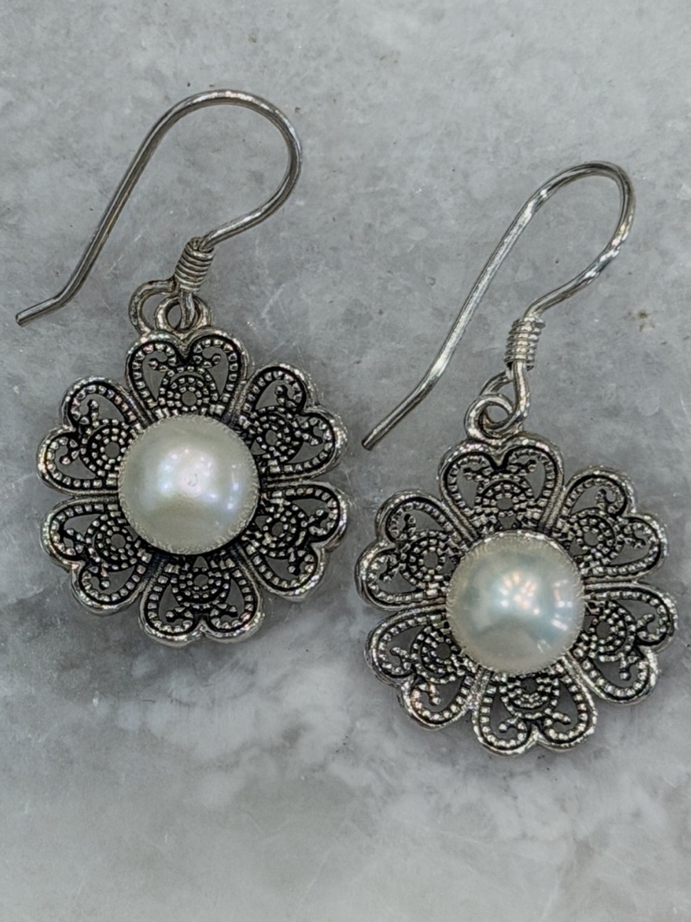 Freshwater Pearl Filigree Floral Black Oxidized Sterling Silver Dangle Earrings